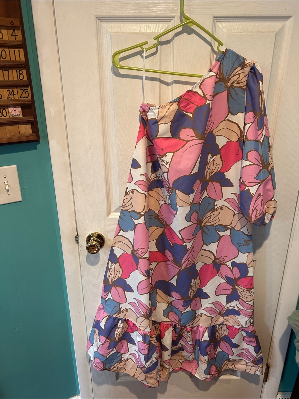 One-Shoulder Asymmetrical Floral Dress in Pink & Blue